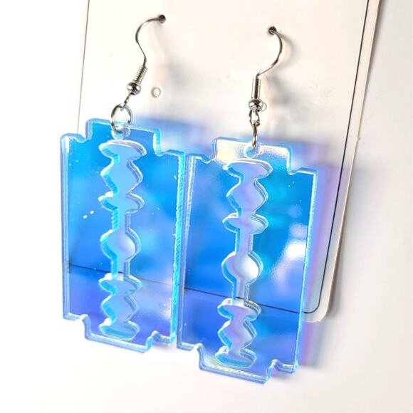 Acrylic Razor Blade Earrings Iridescent Blue Dangle Pierced Alt  Whimsygoth - Picture 2 of 9